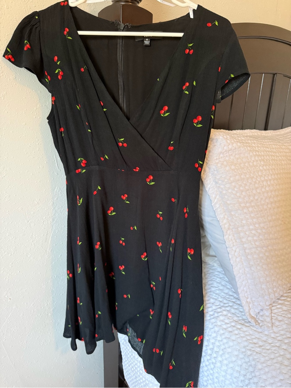 Lulu's Black Asymmetrical Cherry-Print V-Neck Dress